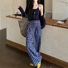 明星同款复古阔腿格子裤女2025夏季新款直筒休闲裤垂感拖地长裤，男装休闲裤，四季星座505