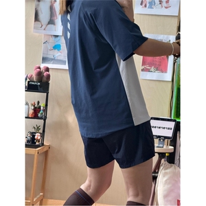 美式撞色拼接小领口短袖T恤男夏季潮牌薄款透气宽松运动半袖体恤图片