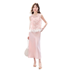 夏季新款现货！2026温柔风重工立体花卉马甲+珍珠吊带长裙套装女，女装套装/套裙，央宝儿