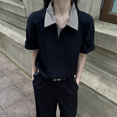 得物抖音高品质二开夏季美式潮牌假两件格子衬衫翻领高街短袖T恤，男装T恤，电商A486