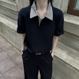 得物抖音高品质二开 夏季美式潮牌假两件格子衬衫翻领高街短袖T恤图片