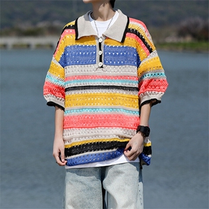 8XL-M 特大码美式复古条纹撞色针织POLO衫翻领休闲短袖TDX311P35图片