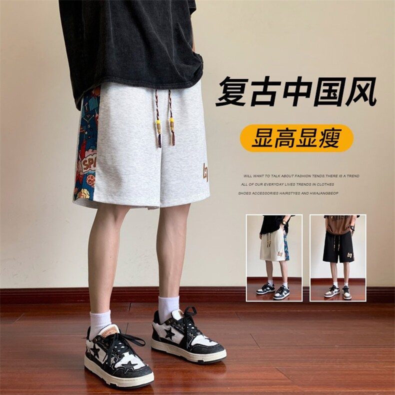 刺绣拼接短裤男夏季美式复古篮球运动裤潮牌宽松大码休闲五分裤子,男装休闲裤,电商B220