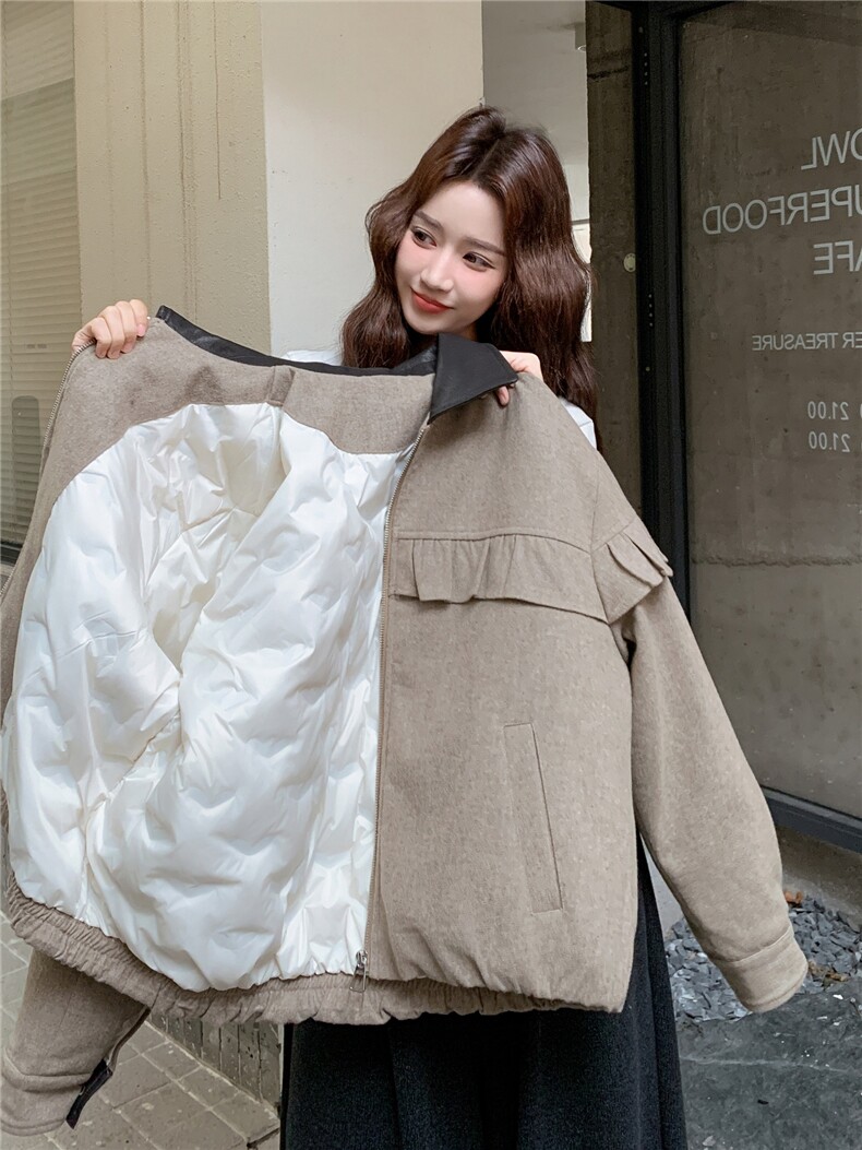 现货新款韩版时尚宽松休闲荷叶边羽绒服90绒外套女减龄白鸭绒上衣,女装派克服,韩然一族