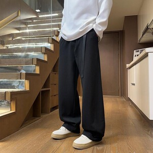 港风秋款男休闲裤华夫格拼接长腰带直筒宽松长裤h0604 P45图片