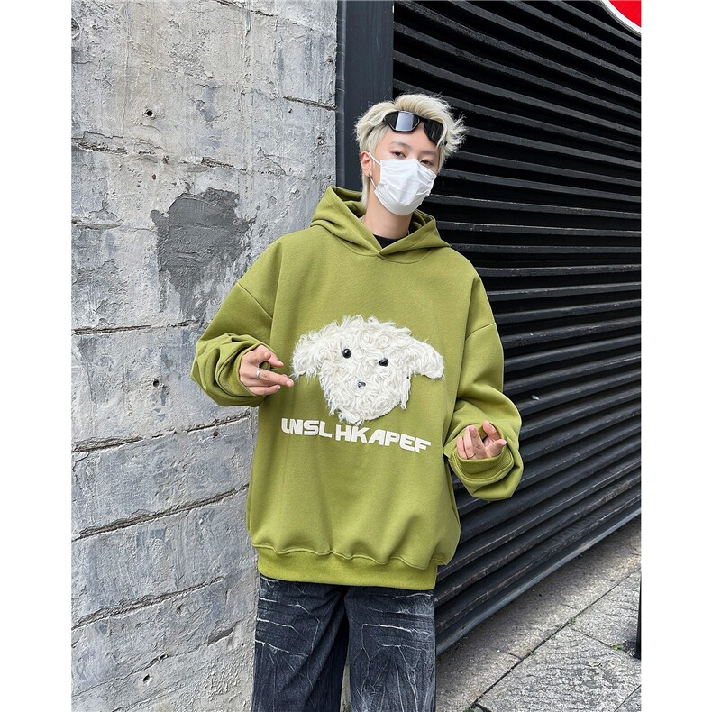 美式复古刺绣连帽绿色卫衣男女宽松百搭慵懒风外套,男装卫衣,星座716-4