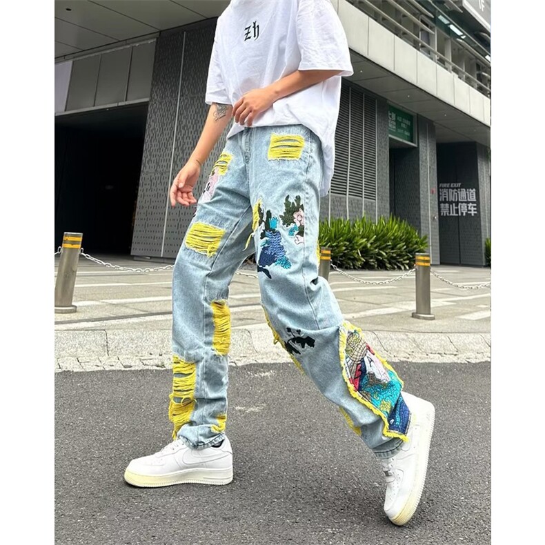 美式港风美式街头重工刺绣破洞牛仔裤男P80,男装牛仔裤,星座1116-2