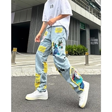 美式港风美式街头重工刺绣破洞牛仔裤男P80，男装牛仔裤，星座1116-2