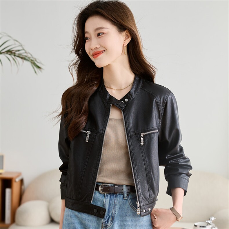 2024年春季常规拉链PU皮短款修身夹克，女装皮衣，莜菲儿