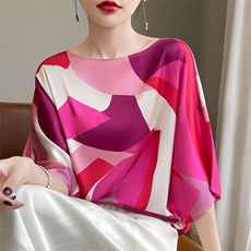 丝绸缎面2025夏季女装新款圆领短袖气质印花大妈短袖百搭T恤上衣，女装蕾丝衫/雪纺衫，羊特美羊绒