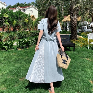 时尚松弛感休闲上衣套装裙女2025年夏季新款蕾丝拼接半身裙两件套图片
