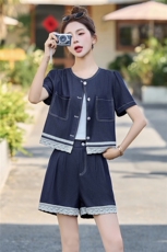 2025韩版夏季薄时尚显瘦蕾丝拼接牛仔短袖短裤套装，女装套装/套裙，贵人树