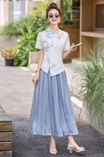 新中式国风套装裙女2025夏新款气质印花盘扣短袖上衣半身裙两件套，女装套装/套裙，沁沁公主