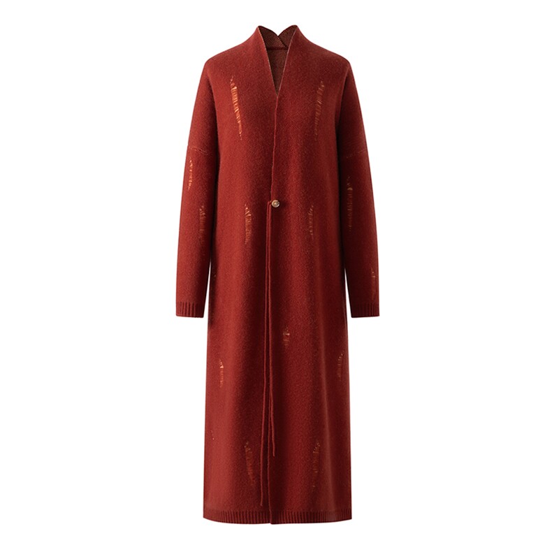 秋冬新款破洞复古提花开衫大衣时尚百搭，女装针织衫/毛衣，亿嘉羊绒