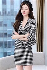 2023秋季新款优雅气质大翻领小香风修身短款格子两件套，女装套装/套裙，芭米依尚