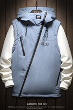 木板斜拉链装饰连帽棉马甲男冬季防风蓝色马甲A090-MJ20p75限98，男装背心/马甲，电商A089-1
