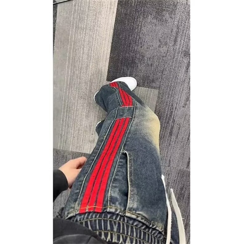 美式复古条纹拼接做旧牛仔裤男女款设计感做旧松紧腰阔腿工装裤,男装牛仔裤,星座1210-1