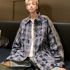 美式复古三条杠扎染长袖衬衫男春秋季宽松百搭寸衣情侣款衬衣外套，男装衬衫，星座813-2