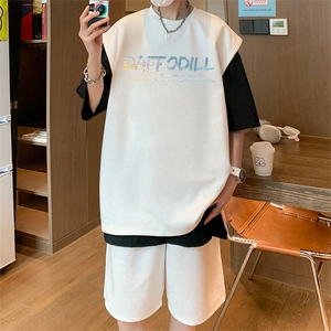 直播美式麂皮绒宽松背心无袖t恤短裤大码两件套套装 TZ70-P58图片