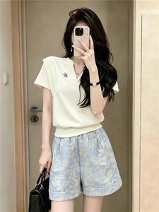 高级感时尚气质套装女夏新款V领短袖上衣提花阔腿短裤两件套潮流图片