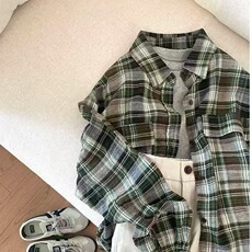 春季新款韩系慵懒风绿色格子衬衣女百搭休闲衬衫宽松显瘦长袖上衣，男装衬衫，星座1210-1