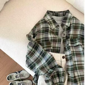 春季新款韩系慵懒风绿色格子衬衣女百搭休闲衬衫宽松显瘦长袖上衣图片