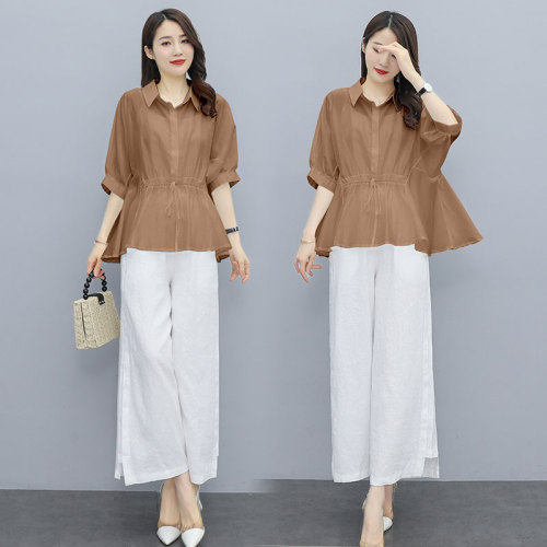 2025棉麻套装女夏季时尚亚麻苎麻减龄复古衬衫女装阔腿裤两件套潮，女装套装/套裙，水衣源
