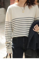 2025年女士通勤百搭简约春季新款条纹打底衫，女装针织衫/毛衣，忠诺羊绒