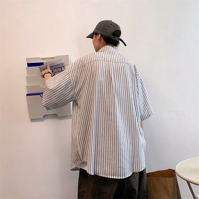 条纹短袖衬衫男韩版潮流百搭ins港风学生上衣日系夏季五分袖衬衣,男装T恤,星座506A