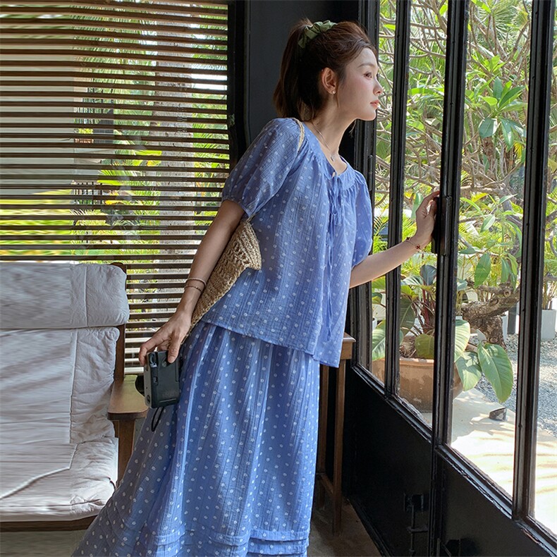 盐甜系度假风波点套装裙女2025夏新款短袖衬衫半身裙小个子两件套,女装套装/套裙,浙宝305