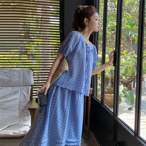 盐甜系度假风波点套装裙女2025夏新款短袖衬衫半身裙小个子两件套图片