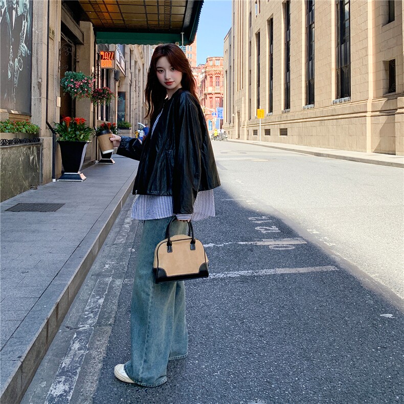 小众甜酷风假两件皮衣女秋2025新款小个子休闲显瘦PU皮短外套,女装皮衣,2D043