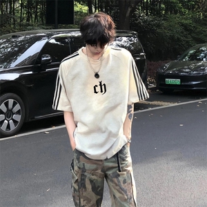 抖音得物高品质二开240克宽松纯棉美式潮牌三条杠织带短袖T恤