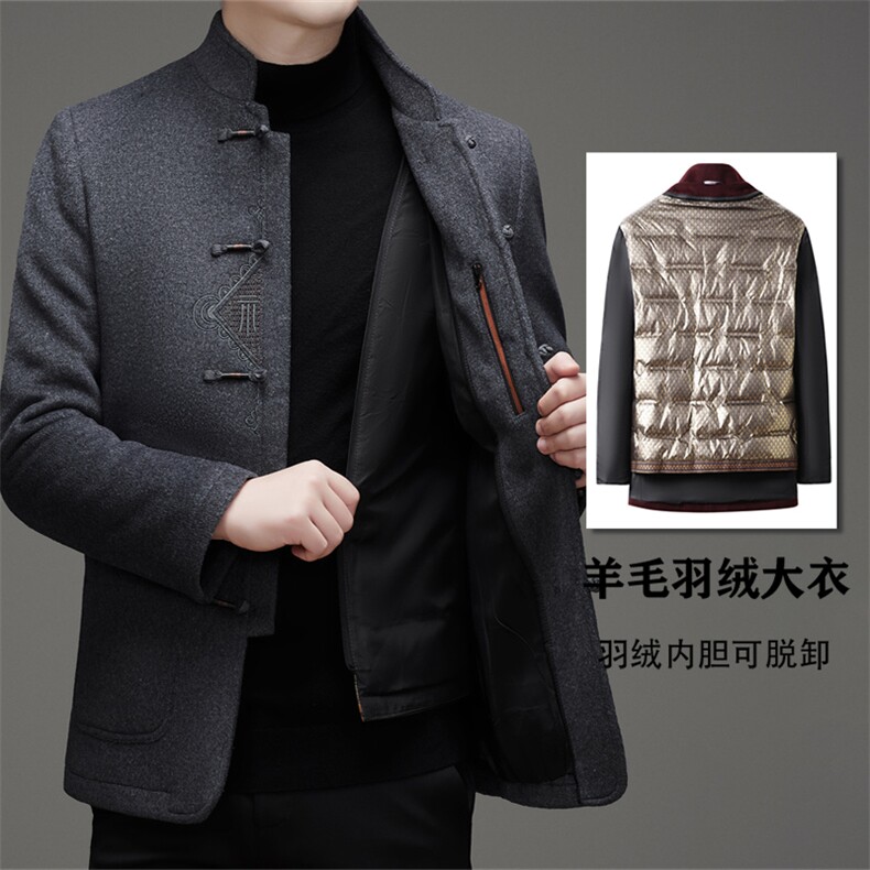 常货中老年羊毛呢羽绒服唐装男风中式盘扣羊毛呢羽绒内胆外套,男装羽绒服,钱塘723