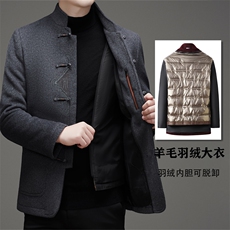 常货中老年羊毛呢羽绒服唐装男风中式盘扣羊毛呢羽绒内胆外套，男装羽绒服，钱塘723