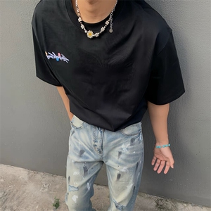 万针全刺绣工艺抖音得物高品质260克重磅纯棉双纱美式高街短袖T恤图片