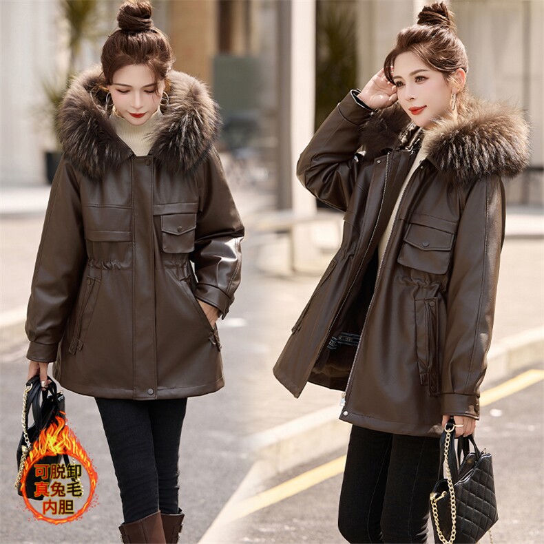 可脱卸真兔毛内胆派克服皮衣女24年冬新款韩版赫本风真毛领皮外套，女装皮草，江南女神