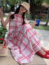 甜美红色格子无袖背心连衣裙女夏2025新款独特绝美爆款高级感长裙，女装连衣裙，浙宝305
