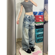 【网图有货】美式复古闪电纹牛仔裤男女款宽松裤子7668CC-特P48，男装牛仔裤，星座1007（原301D）