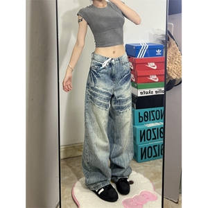 【网图有货】美式复古闪电纹牛仔裤男女款宽松裤子7668CC-特P48图片