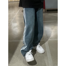 B221美式ins高街小众宽松三条杠运动牛仔裤LK23130-P60控78，男装牛仔裤，电商B221