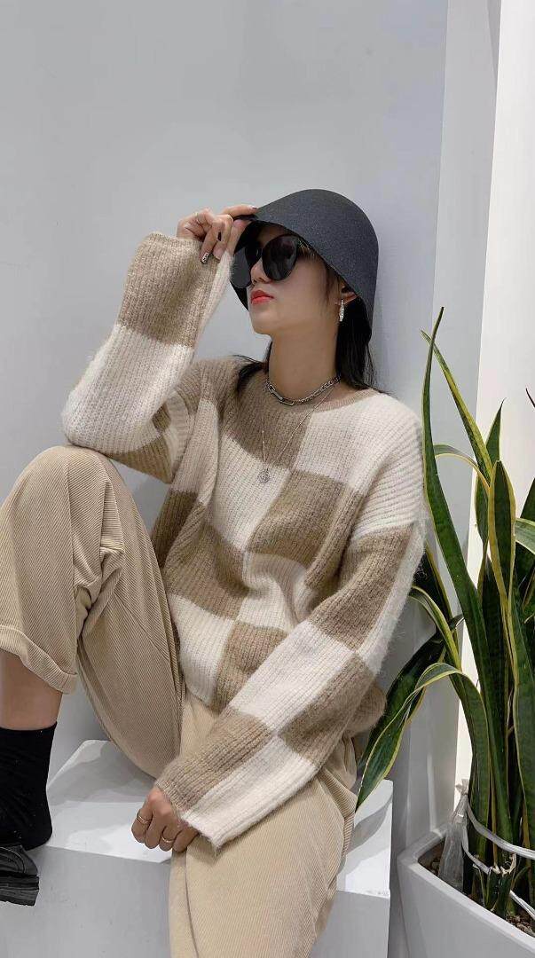 韩版拼接双色毛衣，女装针织衫/毛衣，SHANGCHUN·W 汪尚春