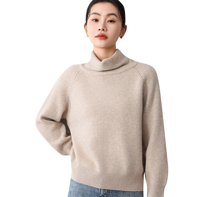 秋冬季新款舒适显瘦时尚百搭5针内翻领纯色羊毛衫,女装羊毛衫,琳尚羊绒