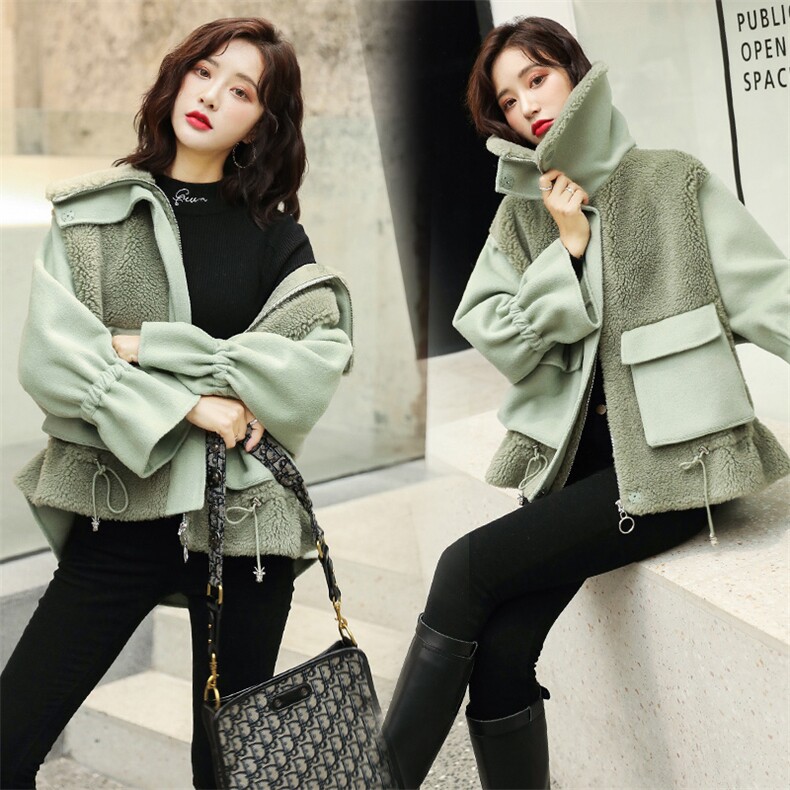 毛呢外套女短款2021春秋新款时尚仿羊羔毛拼接颗粒绒大衣皮毛一体,女装毛呢外套,慧尚依恋