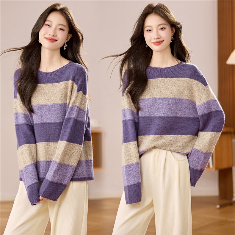 条纹撞色圆领毛衣女2025秋冬宽松慵懒高级感针织衫套头上衣羊毛衫，女装羊毛衫，艾米