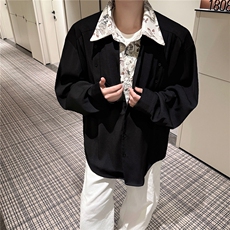 潮流休闲花卉印花领翻领假两件休闲长袖衬衫上衣男潮特P52，男装衬衫，电商B319