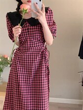 腰部小设计格子连衣裙，女装连衣裙，欧妮卡蒂蔓