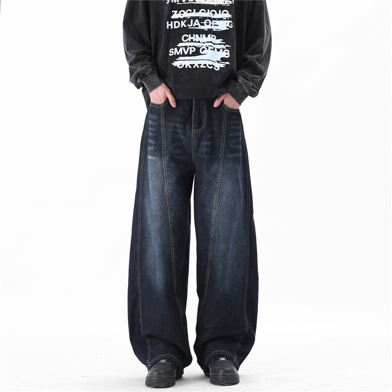 A429-K7128特批50蓝灰色弯刀结构阔腿牛仔裤棉60聚酯纤维40，男装牛仔裤，电商A429