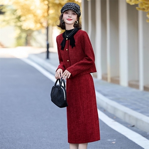 小香风气质套装裙女2024秋冬新款蝴蝶结粗花呢外套半身长裙两件套图片