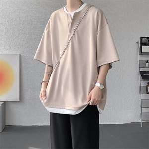 8XL-M重磅斜纹假两件短袖t恤男夏季薄款宽松大码半袖体恤DT006P45图片
